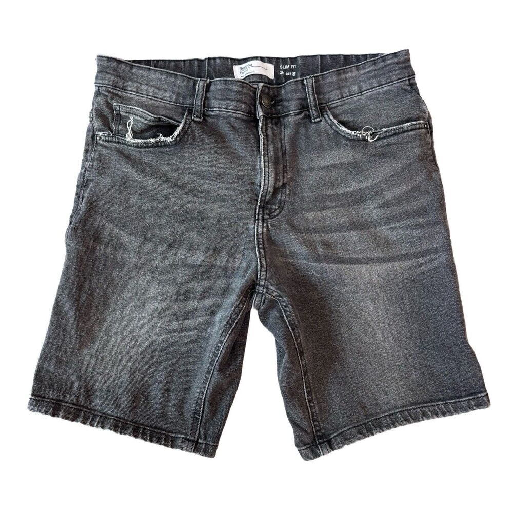 Bershka Jean Shorts Adult 32 Gray Denim Regular Fit Distressed Mens Preowned
